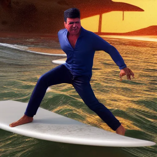 Prompt: photorealistic simon cowell surfing. hyperdetailed photorealism, 1 0 8 megapixels, amazing depth, high resolution, 3 d shading, 3 d finalrender, 3 d cinematic lighting, glowing rich colors, psychedelic overtones, artstation concept art.