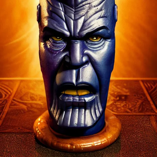 Image similar to a closeup photorealistic photograph of a glossy thanos style tiki mug sitting at a trader vic's bar featuring the face of thanos. tiki party. bright scene. fine detail. this 4 k hd image is trending on artstation, featured on behance, well - rendered, extra crisp, features intricate detail, epic composition and the style of unreal engine.