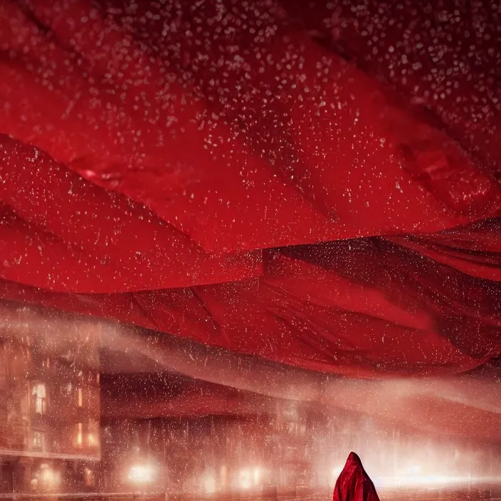 Image similar to a person enveloped in red silk cloth that blows in the wind stands in a dytopian highly detailed city at night, with volumetric lights in the distance and rain falling. atmospheric light, rendering, octane, redshift