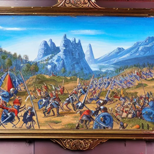 Image similar to wideshot of a medieval battle in front of a beautiful blue mountainscape, painting
