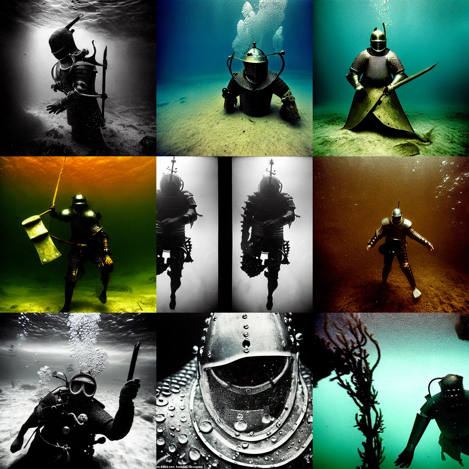 Prompt: Underwater photo of a medieval knight by Trent Parke, close up, clean, detailed, Magnum photos