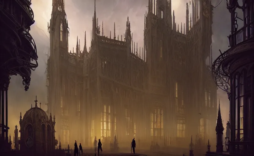 Image similar to exterior shot of utopian gothic steampunk victorian english architecture with cinematic lighting by zaha hadid peter zumthor and renzo piano and, darek zabrocki and greg ruthkowski, simon stalenhag, cinematic, holy place, paradise, scifi, futurism, atmospheric, concept art, artstation, trending on artstation