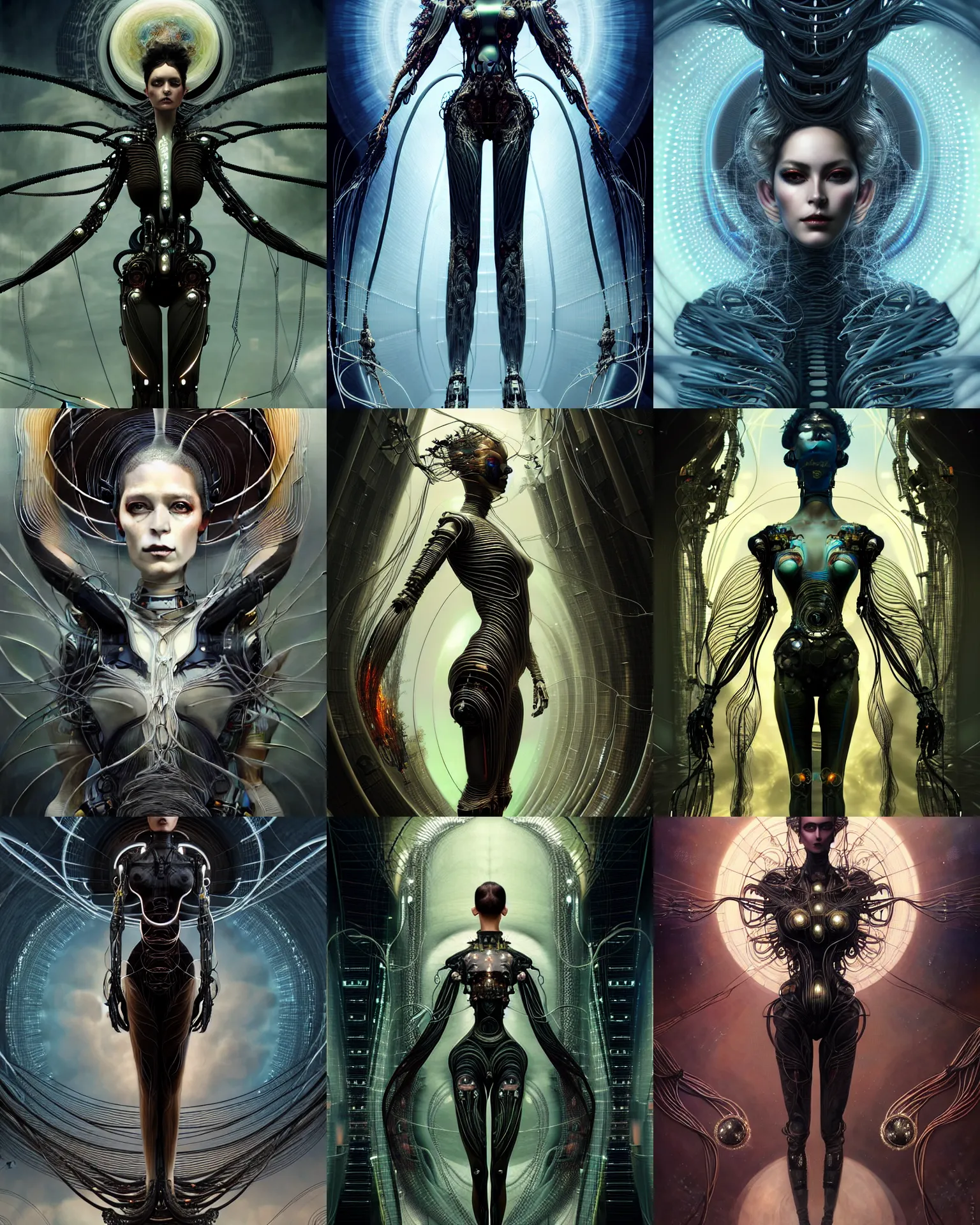 Prompt: karol bak and tom bagshaw and wlop symmetrical full body character portrait of the borg queen of sentient parasitic flowing ai, floating in a powerful zen state, supermodel, beautiful and ominous, wearing combination of mecha and bodysuit made of wires and fractal ceramic, machinery enveloping nature in the background, artstation scifi character digital concept, unreal engine