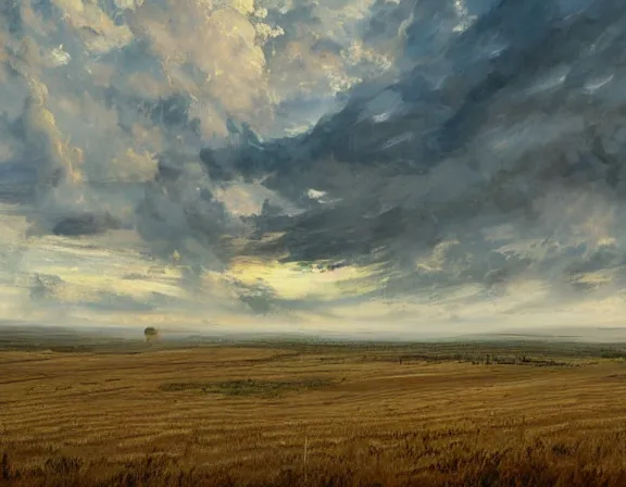 Prompt: dry grassy ridgeline, dusty clouds, dying alfalfa, wooden fence posts. distant perspective, drone perspective. detailed digital illustration for mtg. dnd fantasy epic illustration by john constable, inspired by jesper ejsing, irakli nadar. traditional oil on canvas, private collection