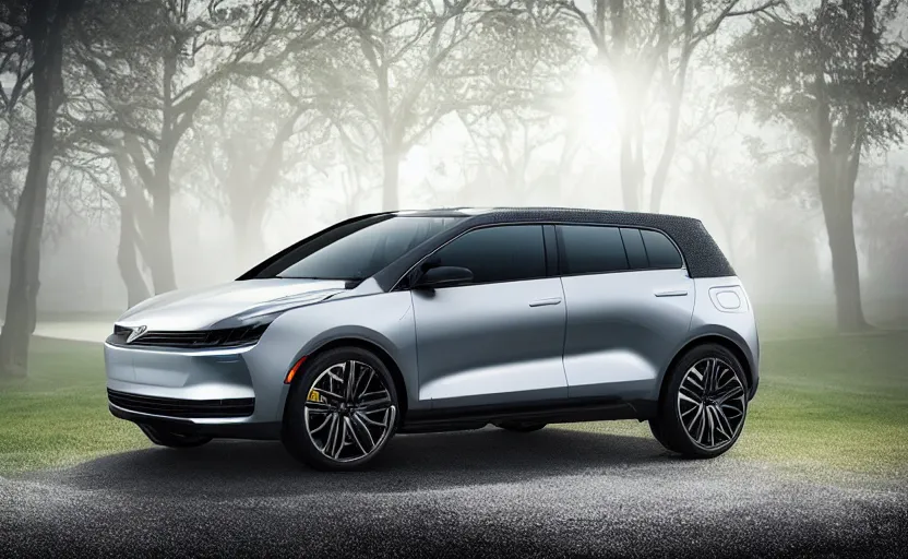 Prompt: the electric suv callaway will release soon, outdoor product photography on a golf course, fog, very besautiful ambient light, sun rays