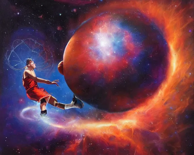 Image similar to cosmic basketball player dunking a basketball hoop in a nebula, an oil painting, by ( leonardo da vinci ) and greg rutkowski and rafal olbinski and ross tran, award - winning magazine cover