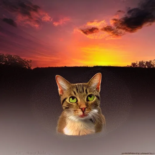 Image similar to beautiful picture of a cat starting at a futuristic sunset, photorealistic, award winning details