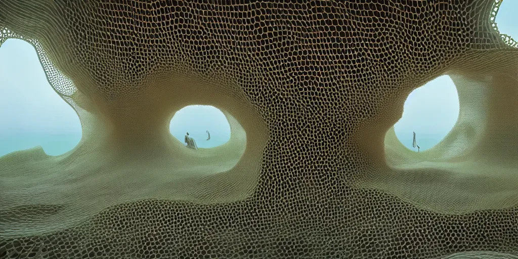 Image similar to biomorphic honeycomb building by ernesto neto, light - mint with light - pink color, 4 k, insanely quality, highly detailed, film still from the movie directed by denis villeneuve with art direction by zdzisław beksinski, telephoto lens, shallow depth of field