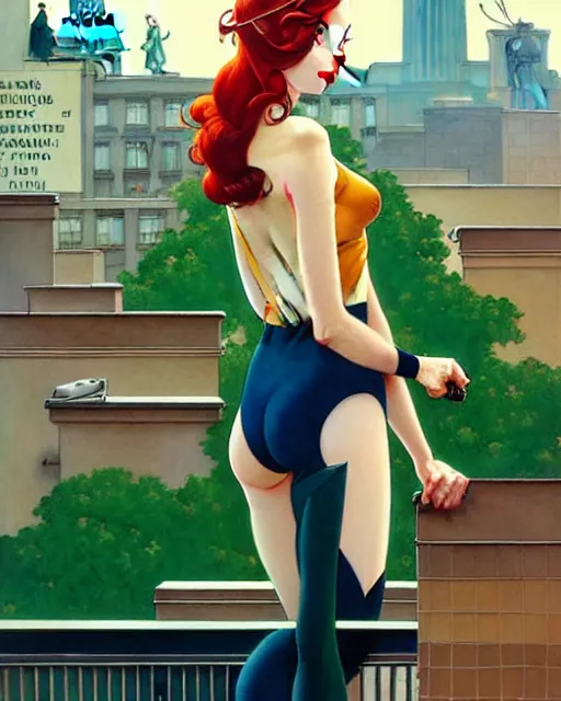 Image similar to joshua middleton, phil noto, norman rockwell, artgerm, rockabilly emma stone poison ivy dc comics, vines, symmetrical eyes, city rooftop