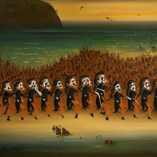 Prompt: anthropomorphic symphony orchestra marching into the sea, oil