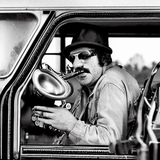 Prompt: 7 0's b - move scene the musical trucker, a trucker playing the saxophone inside his big rig as it drives off the side of a highway