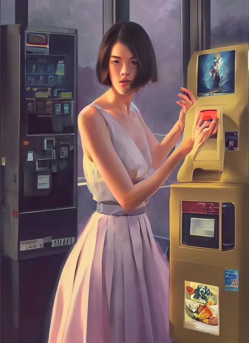 Image similar to oil painting by ilya kuvshinov,, baugh casey, rhads, coby whitmore, of a youthful japanese beauty, long hair, standing holding a outdoors by vending machines, highly detailed, breathtaking face, studio photography, dawn, intense subsurface scattering, blush, supple look, innocence, intense sunlight