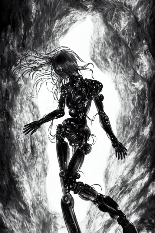 Image similar to a vertical portrait of a character in a scenic environment by Yoshitaka Amano, black and white, dreamy, cybernetic suit, wavy long black hair, highly detailed