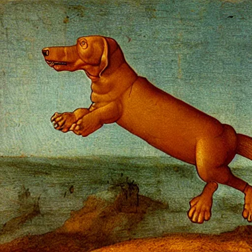 Image similar to leonardo da vinci sketch of a mechanical flying dachshund