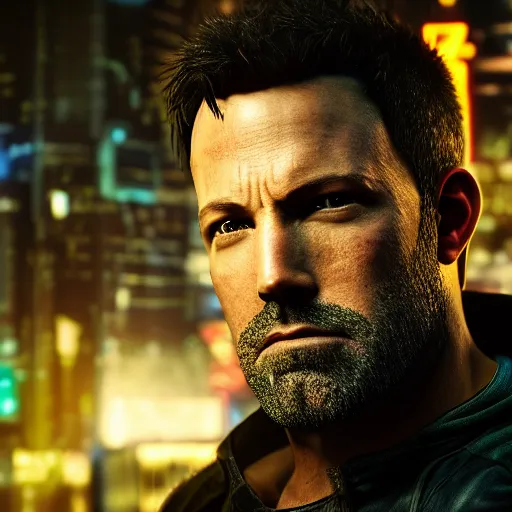 Image similar to ben affleck portrait, cyberpunk 2 0 7 7, cyberpunk, photorealistic, ultra detailed, neon, octane, bokeh, cinematic lighting, cyber, cyberpunk city, studio quality, feature, scars, cyberface, 8 k