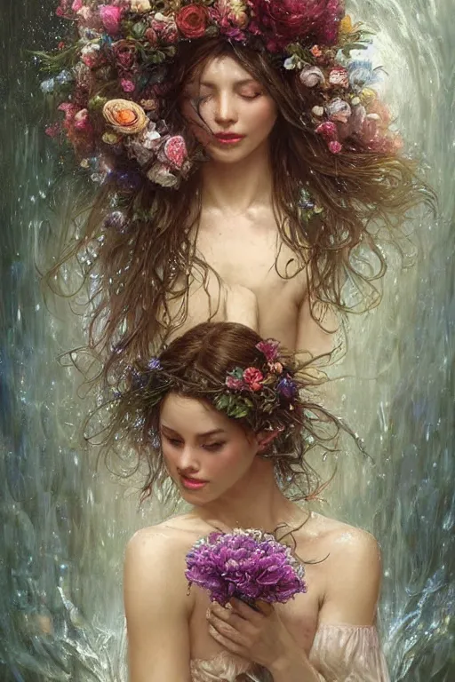 Image similar to portrait of a beautiful mysterious woman holding a bouquet of flowing flowers, drenched body, wet dripping long hair, hands hidden under the bouquet, emerging from the water, fantasy, regal, intricate, by stanley artgerm lau, greg rutkowski, thomas kindkade, alphonse mucha, loish, norman rockwell