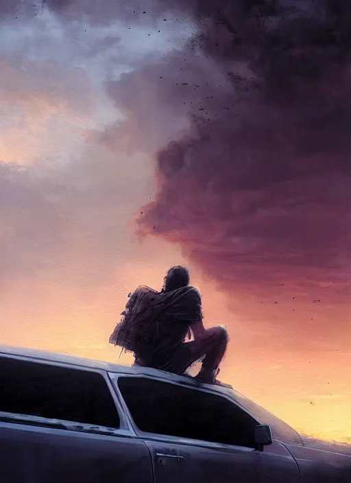 Image similar to apocalypse survivor sitting on car roof looking at the sunset, rule of thirds, intricate, by greg rutkowski, by jeremy mann, digital painting