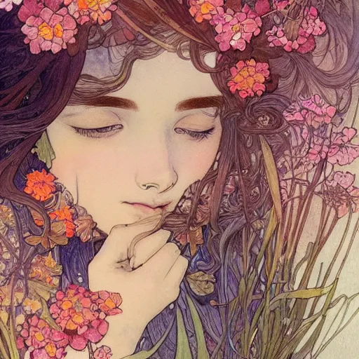 Image similar to a beautiful intricate watercolor illustration of a dreaming girl with flowers, leaves, 4 k, ultra - wide angle, by william turner, by victo ngai, by alphonse mucha, by moebius, by gustave dore, hd, trending on artstation, hyper detailed, muted intense colors