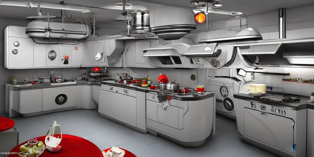 Image similar to soviet retro - futuristic kitchen, space station