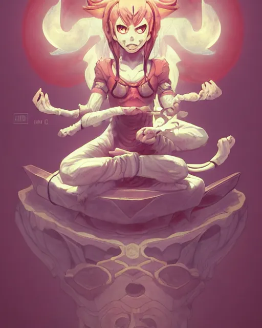 Prompt: a tiny cute demon floating while meditating and wrapped in sacred scrolls, smooth, intricate, elegant, digital painting, artstation, power runes, pulsing energy, concept art, sharp focus, octane render, illustration, art by shintaro kago and josan gonzalez, overwatch character,