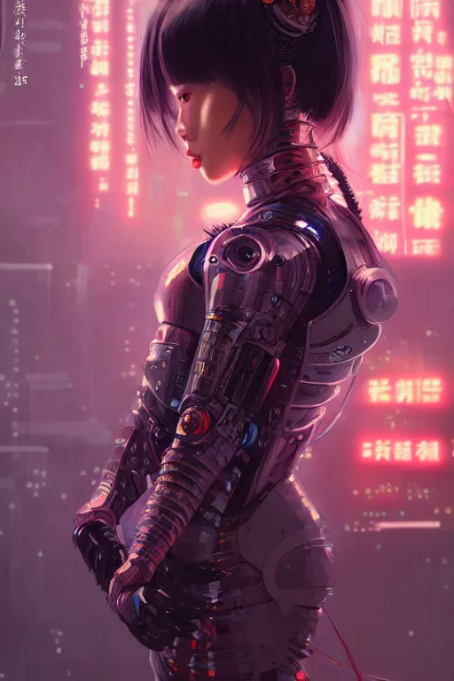 Image similar to portrait futuristic Samurai Girl, in future cyberpunk tokyo rooftop , ssci-fi, fantasy, intricate, very very beautiful, elegant, human anatomy, neon light, highly detailed, digital painting, artstation, concept art, smooth, sharp focus, illustration, art by tian zi and WLOP and alphonse mucha