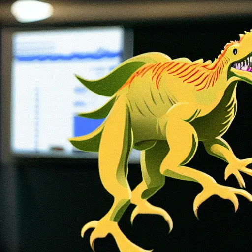Prompt: a velociraptor reacting to stock prices, award winning photograph