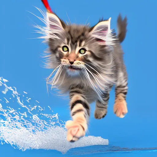 Prompt: Maine coon kitten is a Water skiing champion, action shot. 3D render