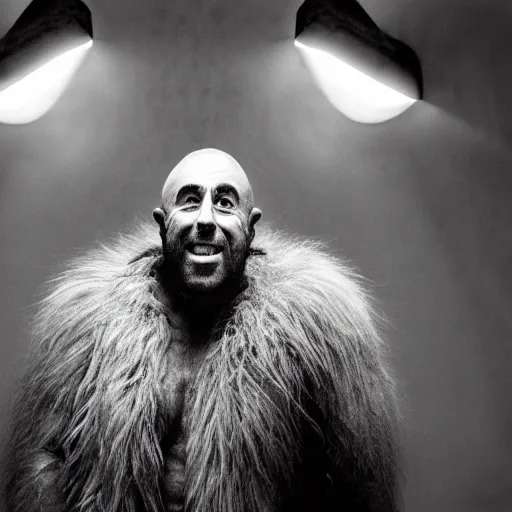 Prompt: Photo portrait Joe Rogan as a wax neanderthal cave man exaggerated brow wrapped in fur cloak screaming like a ape in the natural history in front of a crowd of school children on tour in the museum dramatic lighting 85mm lens by Steve McCurry