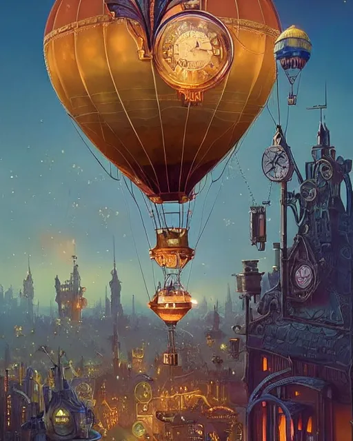 Image similar to a stunning fantasy scene of a steampunk hot - air balloon flying over an art deco city with a clock - tower | highly detailed | very intricate | disney pixar | steampunk | dramatic romantic epic breathtaking whimsical magical | bokeh moon stars | professional cinematic lighting | artdeco | painted by beeple and rhads and donato giancola | bold color palette | featured on artstation