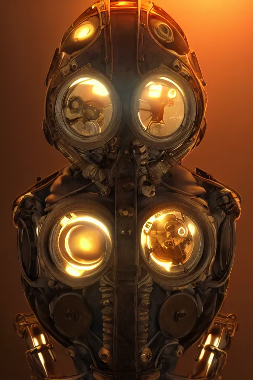 Image similar to steampunk mask minimalist fantasy art robot ninja helmet, global illumination ray tracing hdr fanart arstation by sung choi and eric pfeiffer and gabriel garza and casper konefal radiating a glowing aura