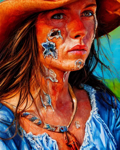 Image similar to acrylic portrait of scarred cowgirl, high production value, intricate details, high resolution, hdr, high definition, masterpiece, realistic, ultrarealistic, highly detailed, hd, sharp focus, non blurry, sharp, smooth