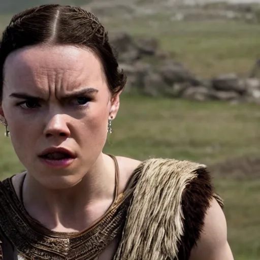 Prompt: film still of daisy ridley in gladiator, angry face, depth of field, mid full shot