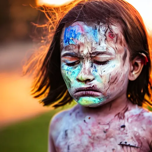 Image similar to 100mm bokeh realistic outdoors photo of a child with various vivid colors of pain smeared on their face, eyes closed, sunset behind them, HDR cinematic lens