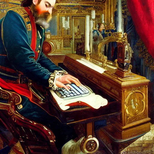 Prompt: russian tsar Peter The Great 18th century installs operating system on desktop computer by vasnetsov and surikov serov, JEAN-VICTOR BERTIN, by Terence Cuneo, detailed, artfully traced, 4k resolution, cinematic, dramatic