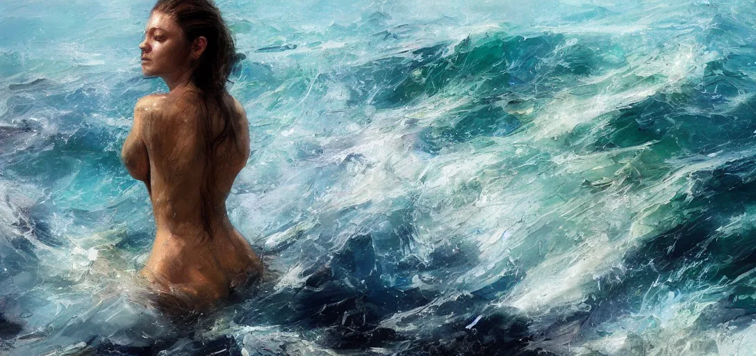 Image similar to a realistic hyperdetailed multi - colored digital oil full body portrait painting of a a beautiful woman floating on her back in the ocean, the style of guy denning, ruan jia, and craig mullins. trending on artstation and deviantart. cgsociety digital art.