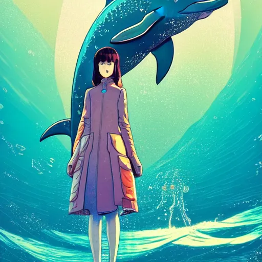 Image similar to a beautiful hyperdetailed character design 4 k wallpaper illustration of a cute dolphin with a beautiful girl, victo ngai cyberpunk style, from china, style of studio ghibli, makoto shinkai, raphael lacoste, louis comfort tiffany, artgerm, james jean, ross tran, chinese style