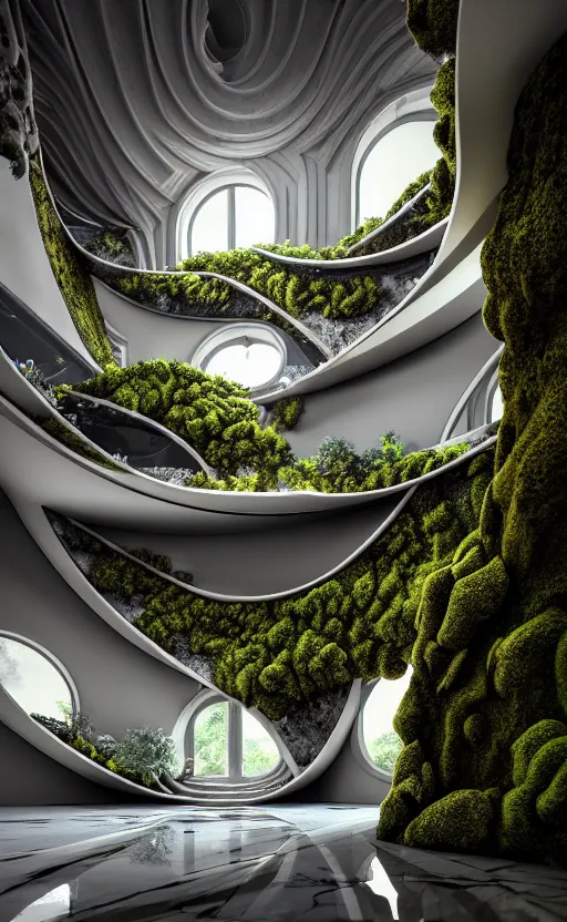 Image similar to highly detailed ultra sharp 3 d render villa interior cinematic composition of a smooth ceramic porcelain biomorphic magnolia stone nebula fluid fractal sci - fi surreal architecture landscape, granite, metallic, magnesium, marble, moss and lichen, vincent callebaut composition, mamou - mani, archviz, beautiful lighting, 8 k, unreal engine, hdr,