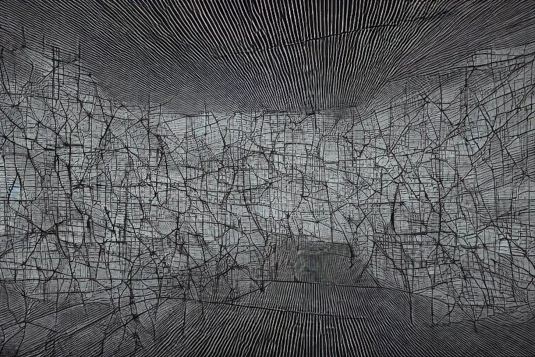 Image similar to cctv of an extremely dark infinite never ending ikea, dark deep black shadows, in the style of trevor henderson and james ensor goya, liminal space, 3 d render, glitch effect