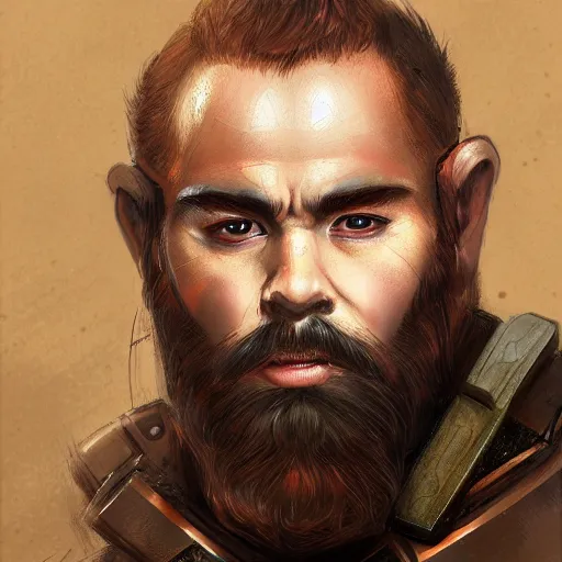 Image similar to portrait of a male dwarf by ayami kojima, he is about 2 0 years old, american, copper hair, strong, friendly, he is wearing a modern tactical gear, scifi, highly detailed portrait, digital painting, artstation, concept art, smooth, sharp foccus ilustration, artstation hq