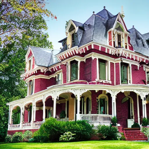 Image similar to beautiful victorian house, queen anne, mansard roof, turrets, photography, awarding winning, high quality, high resolution