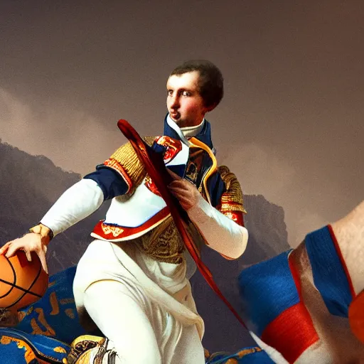 Image similar to napoleon Bonaparte slam dunks in an NBA game, highly detailed, 8k, octane render