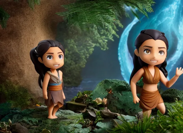 Prompt: katara from avatar as nendoroid is summoning a giant wave from a like in a forest, in the croods movie style, anime, disney, pixar, 8 k, hd, dof, kodak film, volumetric lighting, subsurface scattering, photorealistic, octane render, details