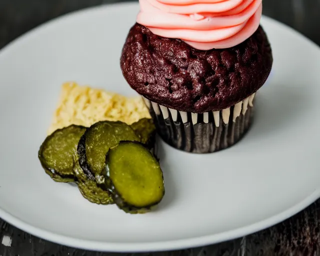 Image similar to dslr food photograph of a cupcake with a slice of pickle on top, 8 5 mm f 1. 4
