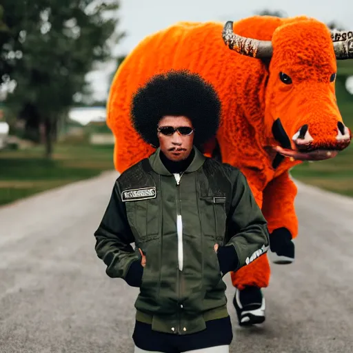 Prompt: photograph of a black man with afro hair wearing an army green adidas jacket riding! an orange colored bull!