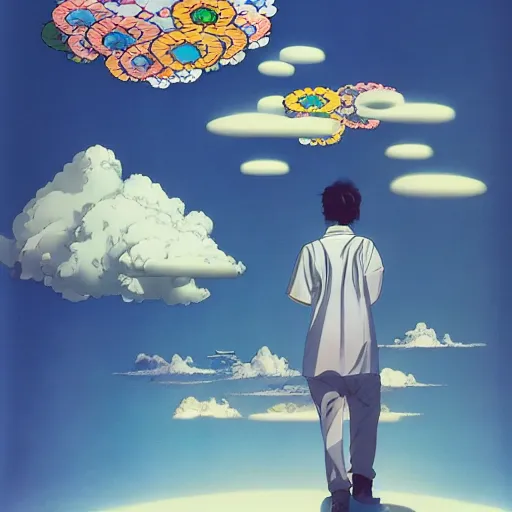 Image similar to a man walking on clouds away from the camera above kyoto by takashi murakami, beeple and james jean, aya takano color style, 4 k, super detailed, modern, 4 k, symmetrical