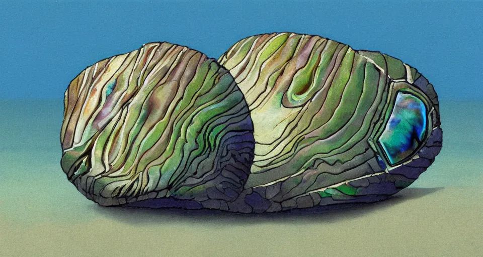 Image similar to painting of a tiny abalone seashell house in the ocean, by roger dean, john harris, cell shaded graphics, concept art, minimalist