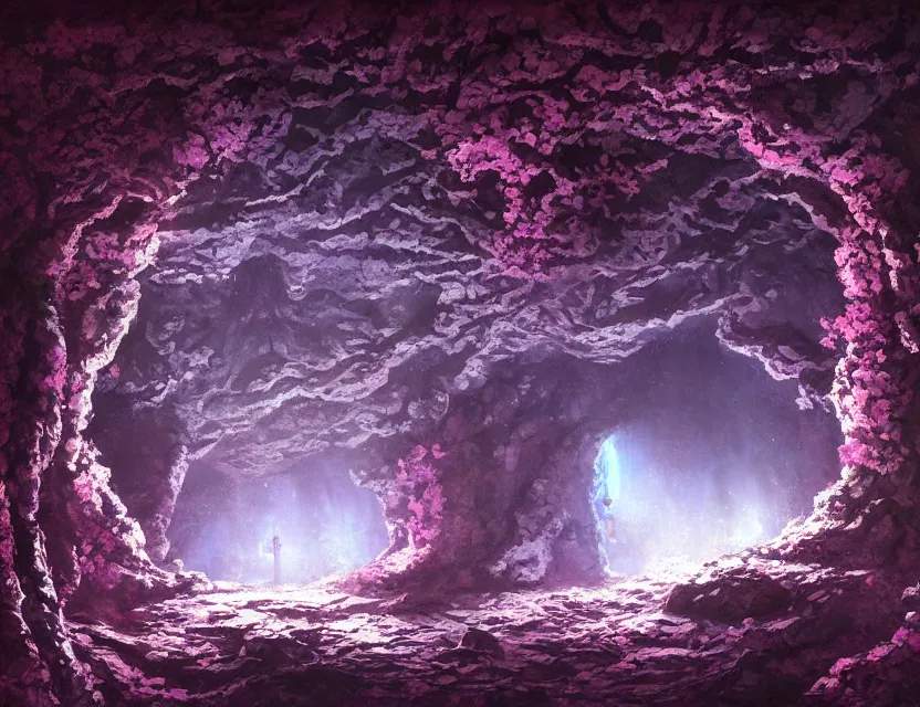 Prompt: scifi nightclun in a cherry blossom limestone cavern. oil painting by indie concept artist. backlighting, chiaroscuro, intricate details, field of depth.