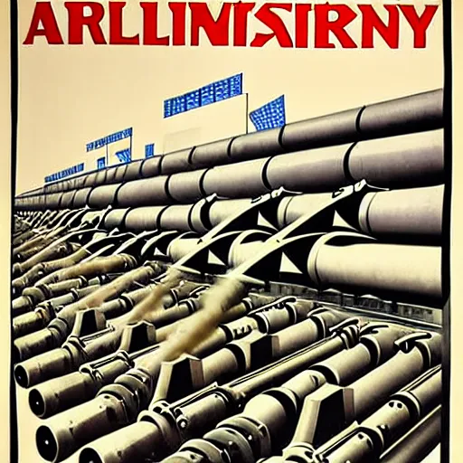 Prompt: propaganda poster featuring an extremely large number of artillery cannons, artillery, guns, production line inside a factory, parallel lines, limited palette, ww 1