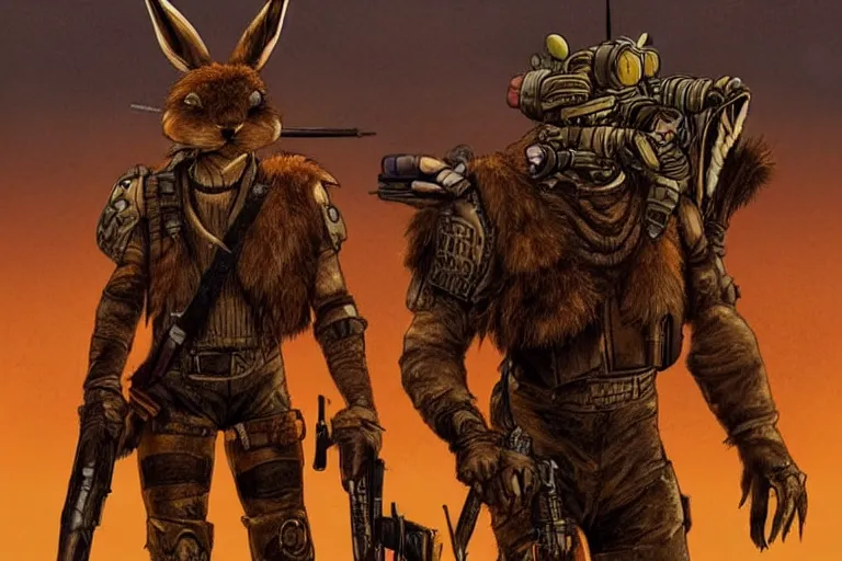 Image similar to a good ol'jackrabbit fursona ( from the furry fandom ), heavily armed and armored facing down armageddon in a dark and gritty version from the makers of mad max : fury road. witness me.