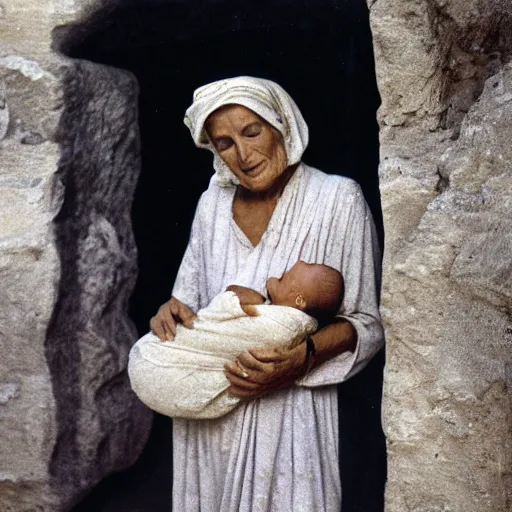 Prompt: film still of 80 year old sentimental Mediterranean skinned woman in ancient Canaanite clothing holding a newborn baby, crying, awe, love, ancient interior tent background, Biblical epic movie